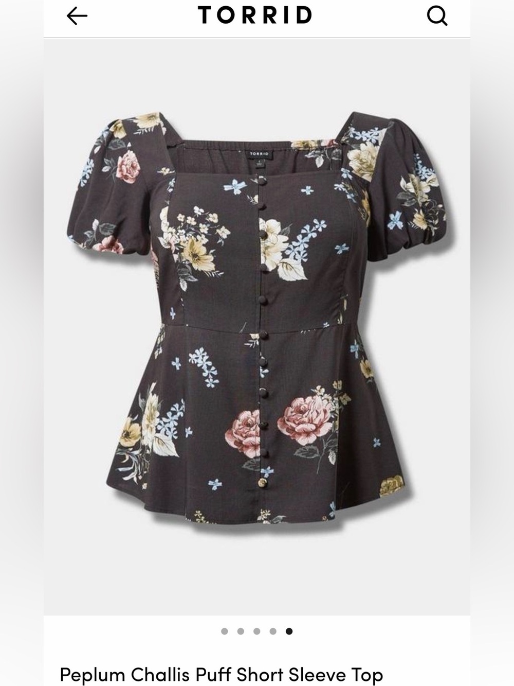 torrid Black Floral Square-Neck Peplum Top with Puff Sleeves